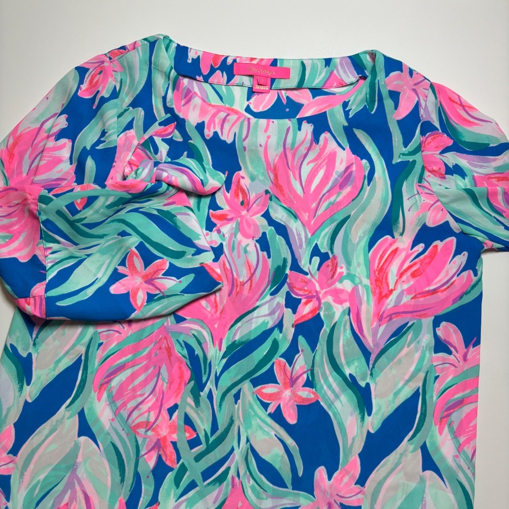 Lilly Pulitzer Langston Blouse Top Womans S Pink Floral Bell Tie Sleeve